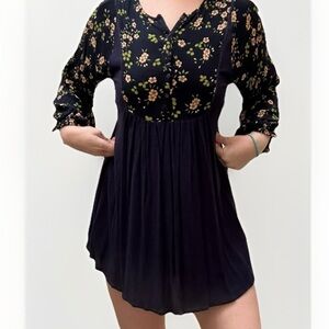 Urban Mangoz Navy Blue Floral Long Sleeve Mini Dress Size Small Boho Summer